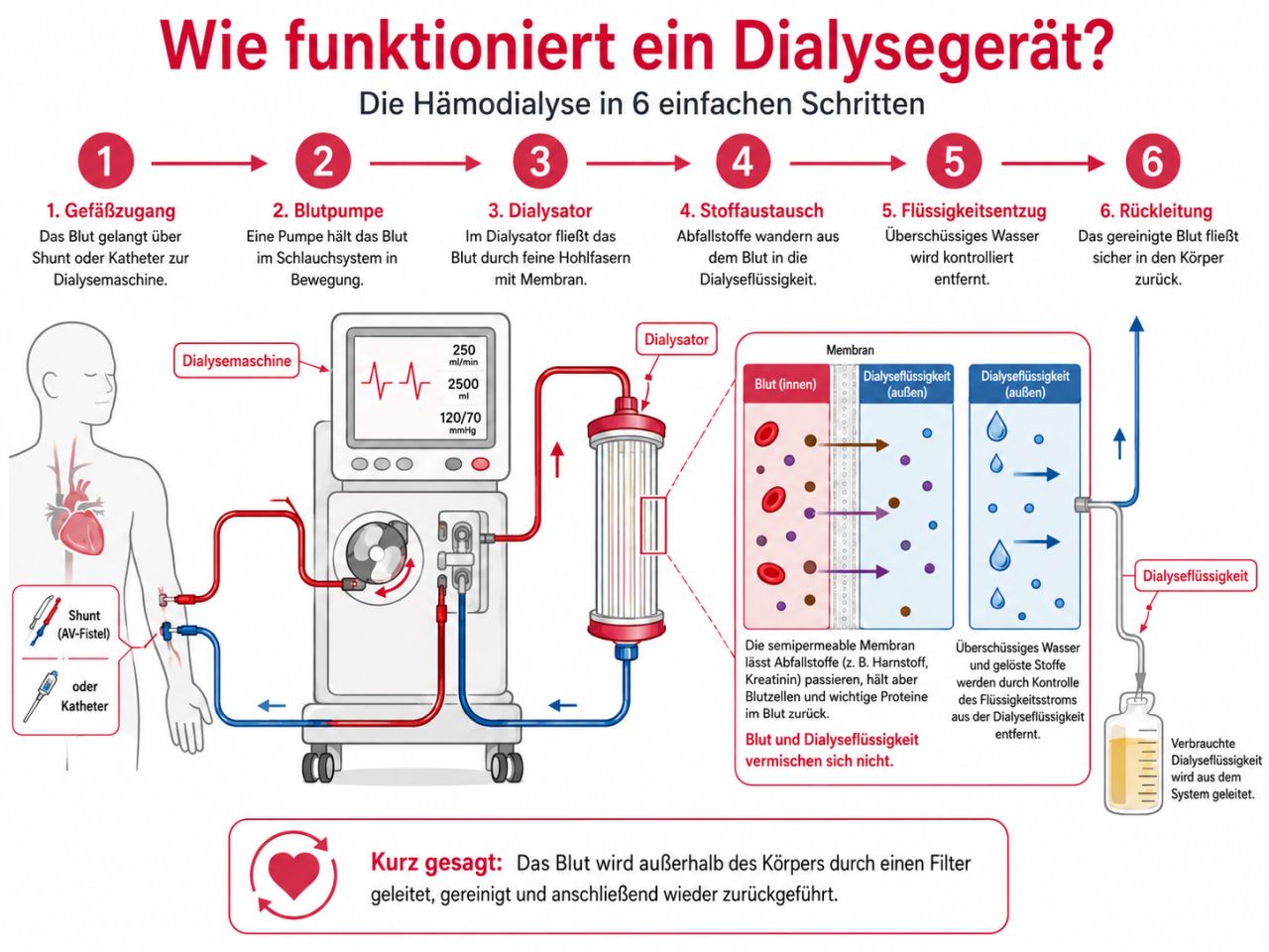 Infografik und Schaubild zur Funktionsweise eines Dialysegeräts mit Gefäßzugang, Blutpumpe, Dialysator, Stoffaustausch, Flüssigkeitsentzug und Rückleitung des gereinigten Blutes