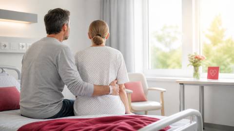 Frau als Patientin sitzt mit ihrem Mann von hinten auf einem Krankenhausbett und blickt hoffnungsvoll aus dem Fenster.