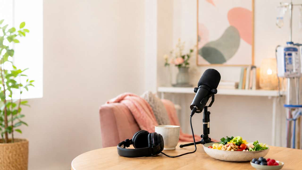 Podcast über Dialyse, Ernährung und Lebensfreude Podcast-Mikrofon, Kopfhörer und eine Mahlzeit in einem hellen Raum mit dezentem Dialysegerät im Hintergrund